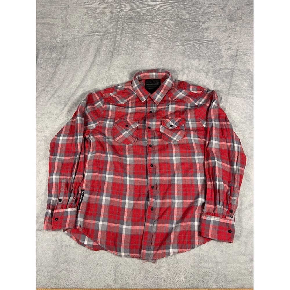 Marc Ecko Cut & Sew Western Long Sleeve Button Up Shirt 0101972 Mens L Red Plaid